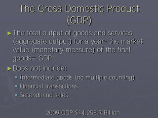 The Gross Domestic Product
             (GDP)
► The total output of goods and services
  (aggregate output) for a year- the market
  value (monetary measure) of the final
  goods= GDP
► Does not include:
   Intermediate goods (no multiple counting)
   Financial transactions
   Secondhand sales

             2009 GDP $14,258.7 Billion
 