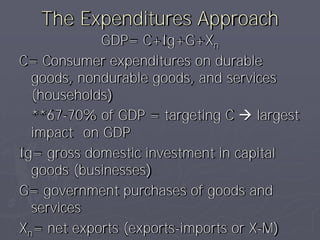The Expenditures Approach
            GDP= C+Ig+G+Xn
C= Consumer expenditures on durable
  goods, nondurable goods, and services
  (households)
  **67-70% of GDP = targeting C  largest
  impact on GDP
Ig= gross domestic investment in capital
  goods (businesses)
G= government purchases of goods and
  services
Xn= net exports (exports-imports or X-M)
 