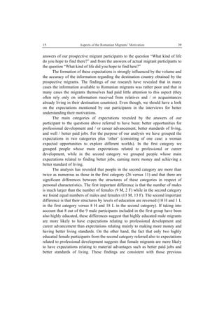 15 Aspects of the Romanian Migrants’ Motivation
 
39
answers of our prospective migrant participants to the question “What kind of life
do you hope to find there?” and from the answers of actual migrant participants to
the question “What kind of life did you hope to find here?”
The formation of these expectations is strongly influenced by the volume and
the accuracy of the information regarding the destination country obtained by the
prospective migrants. The findings of our research have revealed that in many
cases the information available to Romanian migrants was rather poor and that in
many cases the migrants themselves had paid little attention to this aspect (they
often rely only on information received from relatives and / or acquaintances
already living in their destination countries). Even though, we should have a look
on the expectations mentioned by our participants in the interviews for better
understanding their motivations.
The main categories of expectations revealed by the answers of our
participant to the questions above referred to have been: better opportunities for
professional development and / or career advancement, better standards of living,
and well / better paid jobs. For the purpose of our analysis we have grouped the
expectations in two categories plus ‘other’ (consisting of one case: a woman
expected opportunities to explore different worlds). In the first category we
grouped people whose main expectations related to professional or career
development, while in the second category we grouped people whose main
expectations related to finding better jobs, earning more money and achieving a
better standard of living.
The analysis has revealed that people in the second category are more than
twice as numerous as those in the first category (26 versus 11) and that there are
significant differences between the structures of these categories in respect of
personal characteristics. The first important difference is that the number of males
is much larger than the number of females (9 M, 2 F) while in the second category
we found equal numbers of males and females (13 M, 13 F). The second important
difference is that their structures by levels of education are reversed (10 H and 1 L
in the first category versus 8 H and 18 L in the second category). If taking into
account that 8 out of the 9 male participants included in the first group have been
also highly educated, these differences suggest that highly educated male migrants
are more likely to have expectations relating to professional development and
career advancement than expectations relating mainly to making more money and
having better living standards. On the other hand, the fact that only two highly
educated female participants from the second category referred also to expectations
related to professional development suggests that female migrants are more likely
to have expectations relating to material advantages such as better paid jobs and
better standards of living. These findings are consistent with those previous
 