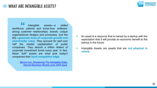  An asset is a resource that is owned by a startup with the
expectation that it will provide an economic benefit to the
startup in the future.
 Intangible Assets are assets that are not physical in
nature.
34
WHAT ARE INTANGIBLE ASSETS?
Intangible assets—a skilled
workforce, patents and know-how, software,
strong customer relationships, brands, unique
organizational designs and processes, and the
like—generate most of corporate growth and
shareholder value. They account for well over
half the market capitalization of public
companies. They absorb a trillion dollars of
corporate investment funds every year. In fact,
these “soft” assets are what give today’s
companies their hard competitive edge.
Baruch Lev, Sharpening The Intangibles Edge,
Harvard Business Review June 2004 Issue
“
 