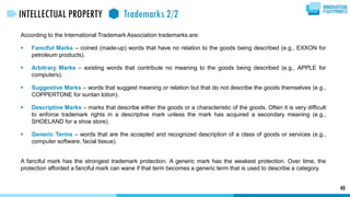 According to the International Trademark Association trademarks are:
 Fanciful Marks – coined (made-up) words that have no relation to the goods being described (e.g., EXXON for
petroleum products).
 Arbitrary Marks – existing words that contribute no meaning to the goods being described (e.g., APPLE for
computers).
 Suggestive Marks – words that suggest meaning or relation but that do not describe the goods themselves (e.g.,
COPPERTONE for suntan lotion).
 Descriptive Marks – marks that describe either the goods or a characteristic of the goods. Often it is very difficult
to enforce trademark rights in a descriptive mark unless the mark has acquired a secondary meaning (e.g.,
SHOELAND for a shoe store).
 Generic Terms – words that are the accepted and recognized description of a class of goods or services (e.g.,
computer software, facial tissue).
A fanciful mark has the strongest trademark protection. A generic mark has the weakest protection. Over time, the
protection afforded a fanciful mark can wane if that term becomes a generic term that is used to describe a category.
40
INTELLECTUAL PROPERTY Trademarks 2/2
 
