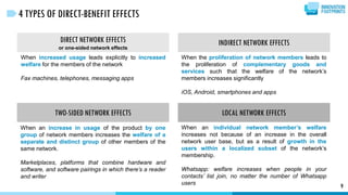 LOCAL NETWORK EFFECTS
DIRECT NETWORK EFFECTS
or one-sided network effects
TWO-SIDED NETWORK EFFECTS
INDIRECT NETWORK EFFECTS
9
4 TYPES OF DIRECT-BENEFIT EFFECTS
When increased usage leads explicitly to increased
welfare for the members of the network
Fax machines, telephones, messaging apps
When the proliferation of network members leads to
the proliferation of complementary goods and
services such that the welfare of the network’s
members increases significantly
iOS, Android, smartphones and apps
When an increase in usage of the product by one
group of network members increases the welfare of a
separate and distinct group of other members of the
same network.
Marketplaces, platforms that combine hardware and
software, and software pairings in which there’s a reader
and writer
When an individual network member’s welfare
increases not because of an increase in the overall
network user base, but as a result of growth in the
users within a localized subset of the network’s
membership.
Whatsapp: welfare increases when people in your
contacts’ list join, no matter the number of Whatsapp
users
 