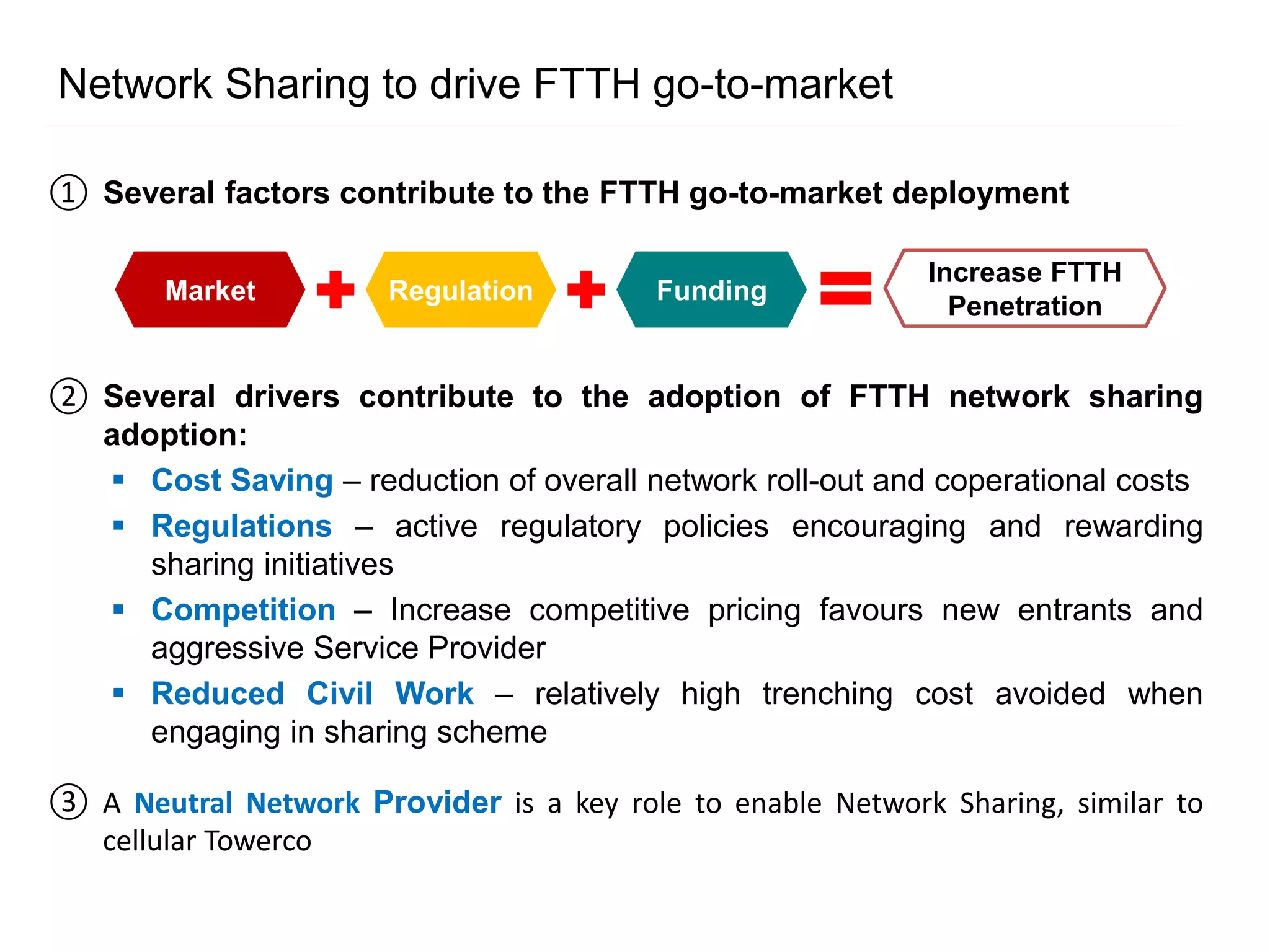 ① Several factors contribute to the FTTH go-to-market deployment
Network Sharing to drive FTTH go-to-market
② Several drivers contribute to the adoption of FTTH network sharing
adoption:
 Cost Saving – reduction of overall network roll-out and coperational costs
 Regulations – active regulatory policies encouraging and rewarding
sharing initiatives
 Competition – Increase competitive pricing favours new entrants and
aggressive Service Provider
 Reduced Civil Work – relatively high trenching cost avoided when
engaging in sharing scheme
Market FundingRegulation
Increase FTTH
Penetration
③ A Neutral Network Provider is a key role to enable Network Sharing, similar to
cellular Towerco
 
