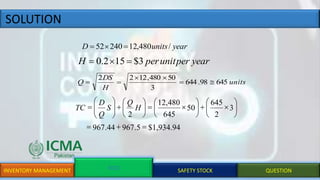 SOLUTION
INVENTORY MANAGEMENT EOQ SAFETY STOCK QUESTION
yearperunitperH 3$152.0 
units
H
DS
Q 64598.644
3
50480,1222



yearunitsD /480,1224052 
H
Q
S
Q
D
TC
$1,934.945.96744.967
3
2
645
50
645
480,12
2
+






+











+






 