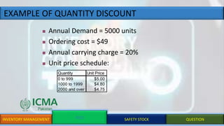EXAMPLE OF QUANTITY DISCOUNT
INVENTORY MANAGEMENT EOQ SAFETY STOCK QUESTION
 Annual Demand = 5000 units
 Ordering cost = $49
 Annual carrying charge = 20%
 Unit price schedule:
Quantity Unit Price
0 to 999 $5.00
1000 to 1999 $4.80
2000 and over $4.75
 