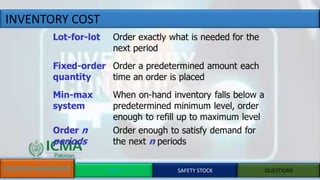 INVENTORY COST
INVENTORY MANAGEMENT EOQ SAFETY STOCK QUESTIONS
 