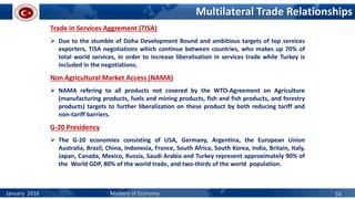 Multilateral Trade Relationships
Trade in Services Aggrement (TISA)
 Due to the stumble of Doha Development Round and ambitious targets of top services
exporters, TISA negotiations which continue between countries, who makes up 70% of
total world services, in order to increase liberalisation in services trade while Turkey is
included in the negotiations.
Non Agricultural Market Access (NAMA)
 NAMA refering to all products not covered by the WTO-Agreement on Agriculture
(manufacturing products, fuels and mining products, fish and fish products, and forestry
products) targets to further liberalization on these product by both reducing tariff and
non-tariff barriers.
G-20 Presidency
 The G-20 economies consisting of USA, Germany, Argentina, the European Union
Australia, Brazil, China, Indonesia, France, South Africa, South Korea, India, Britain, Italy,
Japan, Canada, Mexico, Russia, Saudi Arabia and Turkey represent approximately 90% of
the World GDP, 80% of the world trade, and two-thirds of the world population.
January 2016 Ministry of Economy 53
 