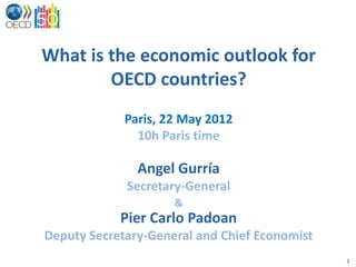 What is the economic outlook for
        OECD countries?
             Paris, 22 May 2012
               10h Paris time

               Angel Gurría
             Secretary-General
                     &
            Pier Carlo Padoan
Deputy Secretary-General and Chief Economist
                                               1
 