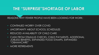 THE “SURPRISE”SHORTAGE OF LABOR
REASONS WHY FEWER PEOPLE HAVE BEEN LOOKING FOR WORK:
• CONTINUED WORRY OVER COVID
• UNCERT...