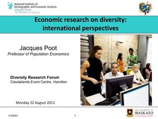Economic research on diversity: international perspectives Jacques Poot Professor of Population Economics Diversity Research Forum  Claudelands Event Centre, Hamilton Monday 22 August 2011 