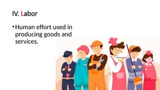 IV. Labor
•Human effort used in
producing goods and
services.
 