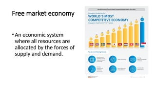 Free market economy
•An economic system
where all resources are
allocated by the forces of
supply and demand.
 