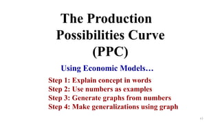 The Production
Possibilities Curve
(PPC)
Using Economic Models…
Step 1: Explain concept in words
Step 2: Use numbers as examples
Step 3: Generate graphs from numbers
Step 4: Make generalizations using graph
63
 