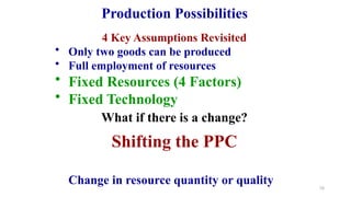 4 Key Assumptions Revisited
• Only two goods can be produced
• Full employment of resources
• Fixed Resources (4 Factors)
• Fixed Technology
What if there is a change?
Shifting the PPC
Change in resource quantity or quality 78
Production Possibilities
 