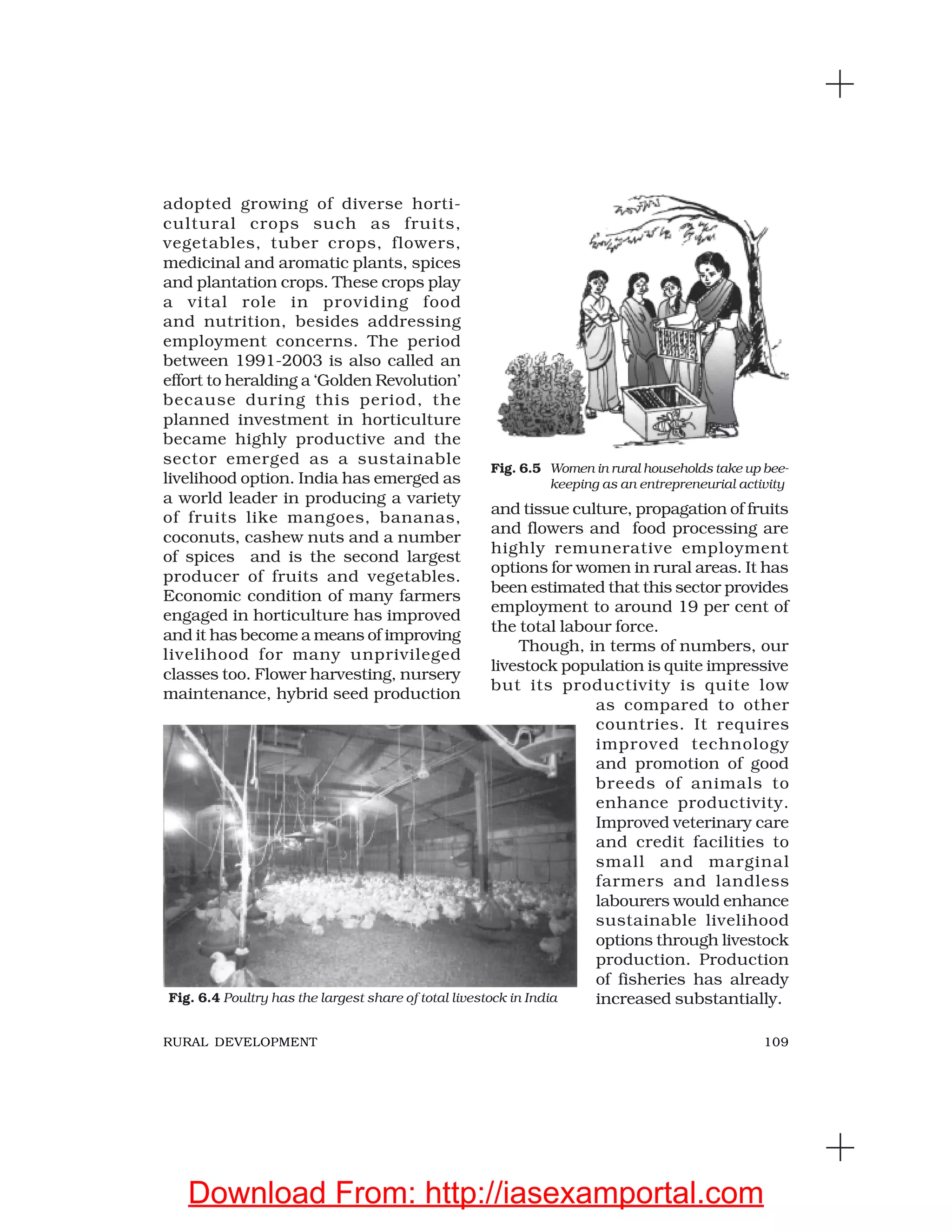 109RURAL DEVELOPMENT
adopted growing of diverse horti-
cultural crops such as fruits,
vegetables, tuber crops, flowers,
medicinal and aromatic plants, spices
and plantation crops. These crops play
a vital role in providing food
and nutrition, besides addressing
employment concerns. The period
between 1991-2003 is also called an
effort to heralding a ‘Golden Revolution’
because during this period, the
planned investment in horticulture
became highly productive and the
sector emerged as a sustainable
livelihood option. India has emerged as
a world leader in producing a variety
of fruits like mangoes, bananas,
coconuts, cashew nuts and a number
of spices and is the second largest
producer of fruits and vegetables.
Economic condition of many farmers
engaged in horticulture has improved
and it has become a means of improving
livelihood for many unprivileged
classes too. Flower harvesting, nursery
maintenance, hybrid seed production
and tissue culture, propagation of fruits
and flowers and food processing are
highly remunerative employment
options for women in rural areas. It has
been estimated that this sector provides
employment to around 19 per cent of
the total labour force.
Though, in terms of numbers, our
livestock population is quite impressive
but its productivity is quite low
as compared to other
countries. It requires
improved technology
and promotion of good
breeds of animals to
enhance productivity.
Improved veterinary care
and credit facilities to
small and marginal
farmers and landless
labourers would enhance
sustainable livelihood
options through livestock
production. Production
of fisheries has already
increased substantially.Fig. 6.4 Poultry has the largest share of total livestock in India
Fig. 6.5 Women in rural households take up bee-
keeping as an entrepreneurial activity
Download From: http://iasexamportal.com
 