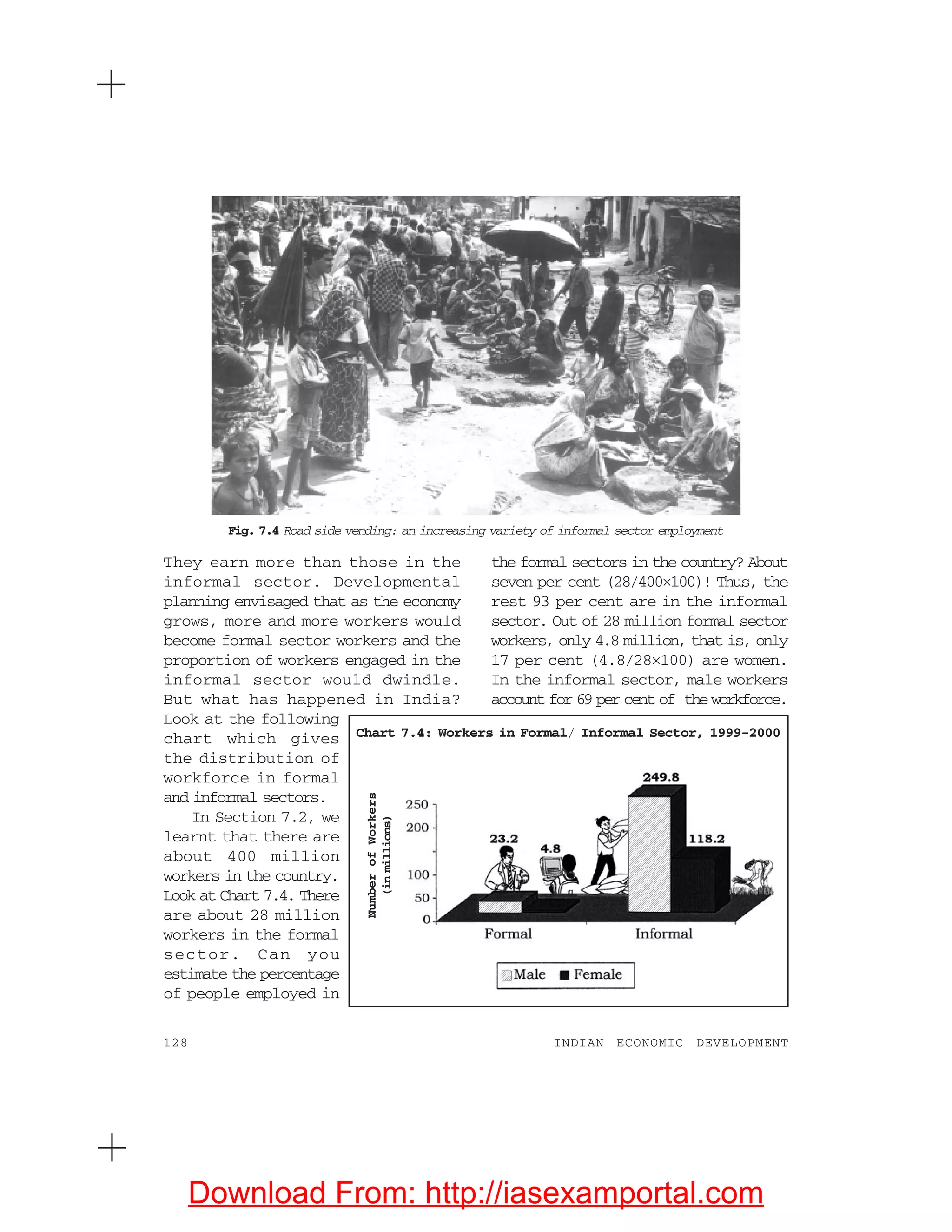 128 INDIAN ECONOMIC DEVELOPMENT
They earn more than those in the
informal sector. Developmental
planning envisaged that as the economy
grows, more and more workers would
become formal sector workers and the
proportion of workers engaged in the
informal sector would dwindle.
But what has happened in India?
Look at the following
chart which gives
the distribution of
workforce in formal
and informal sectors.
In Section 7.2, we
learnt that there are
about 400 million
workers in the country.
Look at Chart 7.4. There
are about 28 million
workers in the formal
sector. Can you
estimate the percentage
of people employed in
the formal sectors in the country? About
seven per cent (28/400×100)! Thus, the
rest 93 per cent are in the informal
sector. Out of 28 million formal sector
workers, only 4.8 million, that is, only
17 per cent (4.8/28×100) are women.
In the informal sector, male workers
account for 69 per cent of the workforce.
Chart 7.4: Workers in Formal/ Informal Sector, 1999-2000
Fig. 7.4 Road side vending: an increasing variety of informal sector employment
NumberofWorkers
(inmillions)
Download From: http://iasexamportal.com
 