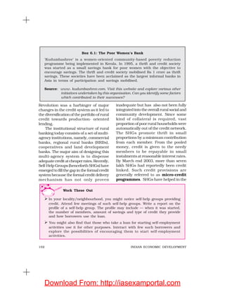 102 INDIAN ECONOMIC DEVELOPMENT
Box 6.1: The Poor Women’s Bank
‘Kudumbashree’ is a women-oriented community-based poverty reduction
programme being implemented in Kerala. In 1995, a thrift and credit society
was started as a small savings bank for poor women with the objective to
encourage savings. The thrift and credit society mobilised Rs 1 crore as thrift
savings. These societies have been acclaimed as the largest informal banks in
Asia in terms of participation and savings mobilised.
Source: www. kudumbashree.com. Visit this website and explore various other
initiatives undertaken by this organisation. Can you identify some factors
which contributed to their successes?
Revolution was a harbinger of major
changes in the credit system as it led to
the diversification of the portfolio of rural
credit towards production- oriented
lending.
The institutional structure of rural
banking today consists of a set of multi-
agency institutions, namely, commercial
banks, regional rural banks (RRBs),
cooperatives and land development
banks. The major aim of designing this
multi-agency system is to dispense
adequatecreditatcheaperrates.Recently,
Self-Help Groups (henceforth SHGs) have
emerged to fill the gap in the formal credit
system because the formal credit delivery
mechanism has not only proven
inadequate but has also not been fully
integrated into the overall rural social and
community development. Since some
kind of collateral is required, vast
proportion of poor rural households were
automatically out of the credit network.
The SHGs promote thrift in small
proportions by a minimum contribution
from each member. From the pooled
money, credit is given to the needy
members to be repayable in small
instalments at reasonable interest rates.
By March end 2003, more than seven
lakh SHGs had reportedly been credit
linked. Such credit provisions are
generally referred to as micro-credit
programmes. SHGs have helped in the
Work These Out
In your locality/neighbourhood, you might notice self-help groups providing
credit. Attend few meetings of such self-help groups. Write a report on the
profile of a self-help group. The profile may include — when it was started,
the number of members, amount of savings and type of credit they provide
and how borrowers use the loan.
You might also find that those who take a loan for starting self-employment
activities use it for other purposes. Interact with few such borrowers and
explore the possibilities of encouraging them to start self-employment
activities.
Download From: http://iasexamportal.com
 