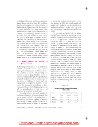 119EMPLOYMENT : GROWTH, INFORMALISATION AND OTHER ISSUES
is higher. The rural workers constitute
about three-fourth of this 400 million.
Men form the majority of workforce in
India. About 70 per cent of the workers
are men and the rest are women (men
and women include child labourers in
respective sexes). Women workers
account for one-third of the rural
workforce whereas in urban areas,
they are just one-fifth of the workforce.
Women carry out works like cooking,
fetching water and fuelwood and
participate in farm labour. They are
not paid wages in cash or in the form
of grains; at times they are not paid at
all. For this reason, these women are
not categorised as workers.
Economists have argued that these
women should also be called workers.
7.3 PARTICIPATION OF PEOPLE IN
EM P L O Y M E N T
Worker-population ratio is an indicator
which is used for analysing the
employment situation in the country.
This ratio is useful in knowing the
proportion of population that is
actively contributing to the production
of goods and services of a country. If
the ratio is higher, it means that the
engagement of people is greater; if the
ratio for a country is medium, or low,
it means that a very high proportion
of its population is not involved
directly in economic activities.
You might have already studied,
in lower classes, the meaning of the
term ‘population’. Population is
defined as the total number of people
who reside in a particular locality at
a particular point of time. If you want
to know the worker-population ratio
for India, divide the total number of
workers in India by the population in
India and multiply it by 100, you will
get the worker-population ratio for
India.
If you look at Table 7.1, it shows
the different levels of participation of
people in economic activities. For
every 100 persons, about 40 (by
rounding off 39.5) are workers in
India. In urban areas, the proportion
is about 34 whereas in rural India, the
ratio is about 42. Why is there such a
difference? People in rural areas have
limited resources to earn a higher
income and participate more in the
employment market. Many do not go
to schools, colleges and other training
institutions. Even if some go, they
discontinue in the middle to join the
workforce; whereas, in urban areas, a
considerable section is able to study in
various educational institutions. Urban
people have a variety of employment
opportunities. They look for the
appropriate job to suit their
qualificationsandskills.Inruralareas,
people cannot stay at home as their
economic condition may not allow them
to do so.
TABLE 7.1
Worker-Population Ratio in India,
1999-2000
Sex Worker Population Ratio
Total Rural Urban
Men 52.7 53.1 51.8
Women 25.4 29.9 13.9
Total 39.5 41.7 33.7
Download From: http://iasexamportal.com
 
