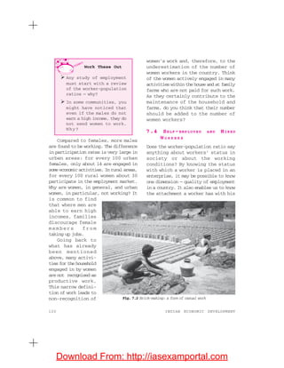 120 INDIAN ECONOMIC DEVELOPMENT
Compared to females, more males
are found to be working. The difference
in participation rates is very large in
urban areas: for every 100 urban
females, only about 14 are engaged in
some economic activities. In rural areas,
for every 100 rural women about 30
participate in the employment market.
Why are women, in general, and urban
women, in particular, not working? It
is common to find
that where men are
able to earn high
incomes, families
discourage female
members from
taking up jobs.
Going back to
what has already
been mentioned
above, many activi-
ties for the household
engaged in by women
are not recognised as
productive work.
This narrow defini-
tion of work leads to
non-recognition of
women’s work and, therefore, to the
underestimation of the number of
women workers in the country. Think
of the women actively engaged in many
activities within the house and at family
farms who are not paid for such work.
As they certainly contribute to the
maintenance of the household and
farms, do you think that their number
should be added to the number of
women workers?
7.4 SELF -E M P L O Y E D A N D HIRED
W O R K E R S
Does the worker-population ratio say
anything about workers’ status in
society or about the working
conditions? By knowing the status
with which a worker is placed in an
enterprise, it may be possible to know
one dimension — quality of employment
in a country. It also enables us to know
the attachment a worker has with his
Fig. 7.2 Brick-making: a form of casual work
Work These Out
Any study of employment
must start with a review
of the worker-population
ratios — why?
In some communities, you
might have noticed that
even if the males do not
earn a high income, they do
not send women to work.
Why?
Download From: http://iasexamportal.com
 