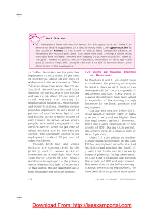 124 INDIAN ECONOMIC DEVELOPMENT
in India. Secondary sector provides
employment to only about 16 per cent
of workforce. About 24 per cent of
workers are in the service sector. Table
7.2 also shows that more than three-
fourth of the workforce in rural India
depends on agriculture and mining
and quarrying. About 10 per cent of
rural workers are working in
manufacturing industries, construction
and other divisions. Service sector
provides employment to only about 13
per cent of rural workers. Agriculture
and mining is not a major source of
employment in urban areas where
people are mainly engaged in the
service sector. About 60 per cent of
urban workers are in the service
sector. The secondary sector gives
employment to about 30 per cent of
urban workforce.
Though both men and women
workers are concentrated in the
primary sector, women workers’
concentration is very high there. More
than three-fourth of the female
workforce is employed in the primary
sector whereas only half of males work
in that sector. Men get opportunities in
both secondary and service sectors.
7.6 GROWTH AND CHANGING STRUCTURE
OF EMPLOYMENT
In Chapters 2 and 3, you might have
studied about the planning strategies
in detail. Here we will look at two
developmental indicators — growth of
employment and GDP. Fifty years of
planned development have been aimed
at expansion of the economy through
increase in national product and
employment.
During the period 1960–2000,
Gross Domestic Product (GDP) of India
grew positively and was higher than
the employment growth. However,
there was always fluctuation in the
growth of GDP. During this period,
employment grew at a stable rate of
about 2 per cent.
Chart 7.3 also points at another
disheartening development in the late
1990s: employment growth started
declining and reached the level of
growth that India had in the early
stages of planning. During these years,
we also find a widening gap between
the growth of GDP and employment.
This means that in the Indian economy,
without generating employment, we
have been able to produce more goods
Work This Out
All newspapers have one section meant for job opportunities. Some also
devote an entire supplement in a day or every week like Opportunities in
The Hindu or Ascent in The Times of India. Many companies advertise
vacancies for various positions. Cut those sections. Develop a table which
contains four columns: whether the company is private or public, name of
the post, number of posts, sector — primary, secondary or tertiary — and
qualification required. Analyse the table in the classroom about jobs
advertised in the newspapers.
Download From: http://iasexamportal.com
 