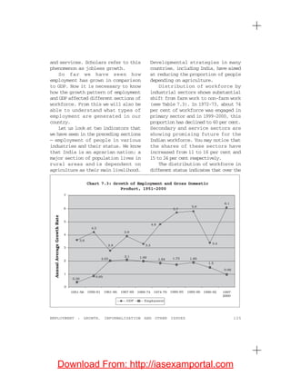 125EMPLOYMENT : GROWTH, INFORMALISATION AND OTHER ISSUES
and services. Scholars refer to this
phenomenon as jobless growth.
So far we have seen how
employment has grown in comparison
to GDP. Now it is necessary to know
how the growth pattern of employment
and GDP affected different sections of
workforce. From this we will also be
able to understand what types of
employment are generated in our
country.
Let us look at two indicators that
we have seen in the preceding sections
— employment of people in various
industries and their status. We know
that India is an agrarian nation; a
major section of population lives in
rural areas and is dependent on
agriculture as their main livelihood.
Developmental strategies in many
countries, including India, have aimed
at reducing the proportion of people
depending on agriculture.
Distribution of workforce by
industrial sectors shows substantial
shift from farm work to non-farm work
(see Table 7.3). In 1972-73, about 74
per cent of workforce was engaged in
primary sector and in 1999-2000, this
proportion has declined to 60 per cent.
Secondary and service sectors are
showing promising future for the
Indian workforce. You may notice that
the shares of these sectors have
increased from 11 to 16 per cent and
15 to 24 per cent respectively.
The distribution of workforce in
different status indicates that over the
Chart 7.3: Growth of Employment and Gross Domestic
Product, 1951–2000
Download From: http://iasexamportal.com
 
