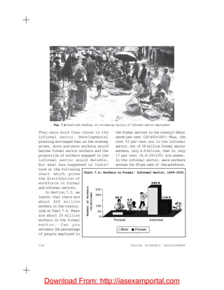 128 INDIAN ECONOMIC DEVELOPMENT
They earn more than those in the
informal sector. Developmental
planning envisaged that as the economy
grows, more and more workers would
become formal sector workers and the
proportion of workers engaged in the
informal sector would dwindle.
But what has happened in India?
Look at the following
chart which gives
the distribution of
workforce in formal
and informal sectors.
In Section 7.2, we
learnt that there are
about 400 million
workers in the country.
Look at Chart 7.4. There
are about 28 million
workers in the formal
sector. Can you
estimate the percentage
of people employed in
the formal sectors in the country? About
seven per cent (28/400×100)! Thus, the
rest 93 per cent are in the informal
sector. Out of 28 million formal sector
workers, only 4.8 million, that is, only
17 per cent (4.8/28×100) are women.
In the informal sector, male workers
account for 69 per cent of the workforce.
Chart 7.4: Workers in Formal/ Informal Sector, 1999-2000
Fig. 7.4 Road side vending: an increasing variety of informal sector employment
NumberofWorkers
(inmillions)
Download From: http://iasexamportal.com
 