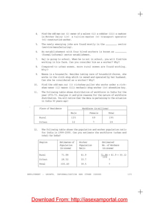 135EMPLOYMENT : GROWTH, INFORMALISATION AND OTHER ISSUES
4. Find the odd man out (i) owner of a saloon (ii) a cobbler (iii) a cashier
in Mother Dairy (iv) a tuition master (v) transport operator
(vi) construction worker.
5. The newly emerging jobs are found mostly in the sector
(service/manufacturing).
6. An establishement with four hired workers is known as
(formal/informal) sector establishment.
7. Raj is going to school. When he is not in school, you will find him
working in his farm. Can you consider him as a worker? Why?
8. Compared to urban women, more rural women are found working.
Why?
9. Meena is a housewife. Besides taking care of household chores, she
works in the cloth shop which is owned and operated by her husband.
Can she be considered as a worker? Why?
10. Find the odd man out (i) rickshaw puller who works under a rick-
shaw owner (ii) mason (iii) mechanic shop worker (iv) shoeshine boy.
11. The following table shows distribution of workforce in India for the
year 1972-73. Analyse it and give reasons for the nature of workforce
distribution. You will notice that the data is pertaining to the situation
in India 30 years ago!
Place of Residence Workforce (in millions)
Male Female Total
Rural 125 69 195
Urban 32 7 39
12. The following table shows the population and worker population ratio
for India in 1999-2000. Can you estimate the workforce (urban and
total) for India?
Region Estimates of Worker Estimated
Population Population No. of Workers
(incrores) Ratio (incrores)
Rural 71.88 41.9 71.88 × 41.9 = 30.12
Urban 28.52 33.7 ?
Total 100.40 39.5 ?
100
Download From: http://iasexamportal.com
 
