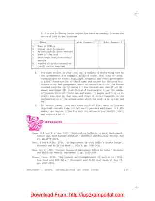 137EMPLOYMENT : GROWTH, INFORMALISATION AND OTHER ISSUES
fill in the following table (expand the table as needed). Discuss the
nature of jobs in the classroom.
Items Advertisement 1 Advertisement 2
1. Name of Office
2. Department/company
3. Private/public/joint venture
4. Name of the post
5. Sector—primary/seconday/
service
6. Number of posts/vacancies
7. Qualification required
4. You might notice, in your locality, a variety of works being done by
the government, for example laying of roads, desilting of tanks,
construction of school buildings, hospital and other government
offices, construction of check dams and houses for the poor etc.
Prepare a critical assessment report on one such activity. The issues
covered could be the following (i) how the work was identified (ii)
amount sanctioned (iii) contribution of local people, if any (iv) number
of persons involved — both men and women (v) wages paid (vi) is it
really required in that area and other critical comments on the
implementation of the scheme under which the work is being carried
out.
5. In recent years, you may have noticed that many voluntary
organisations also take initiatives to generate employment in hilly
and dry land regions. If you find such initiatives in your locality, visit
and prepare a report.
CHADHA, G.K. and P.P. SAHU, 2002. ‘Post-reform Setbacks in Rural Employment:
Issues that need further scrutiny.’ Economic and Political Weekly, May
25, pp.1998-2026.
DESAI, S and M.B.DAS. 2004. ‘Is Employment Driving India’s Growth Surge’,
Economic and Political Weekly, July 3, pp. 3045-3051.
GHOSE, AJIT K. 1999. ‘Current Issues of Employment Policy in India.’ Economic
and Political Weekly, September 4, pp. 2592-2608.
HIRWAY, INDIRA. 2002. ‘Employment and Unemployment Situation in 1990s:
How Good are NSS Data.’ Economic and Political Weekly, May 25,
pp. 2027-2036.
R E F E R E N C E S
Download From: http://iasexamportal.com
 