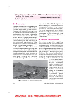 140 INDIAN ECONOMIC DEVELOPMENT
8.1 INTRODUCTION
Haveyoueverthoughtofwhysomestates
in India are performing much better than
others in certain areas? Why do Punjab,
Haryana and Himachal Pradesh prosper
in agriculture and horticulture? Why are
Maharashtra and Gujarat industrially
more advanced than others? How come
Kerala, popularly known as ‘God’s own
country’, has excelled in literacy, health
care and sanitation and also attracts
tourists in such large numbers? Why
does Karnataka’s information technology
industry attract world attention?
It is all because these states have
better infrastructure in the areas they
excel than other states of India. Some
have better irrigation facilities. Others
have better transportation facilities, or
are located near ports which makes raw
materials required for various
manufacturing industries easily
accessible. Cities like Bangalore in
Karnataka attract many multinational
companies because they provide
world-class communication facilities.
All these support structures, which
facilitate development of a country,
constitute its infrastructure. How
then does infrastructure facilitate
development?
8.2 WHAT IS INFRASTRUCTURE?
Infrastructure provides supporting
services in the main areas of industrial
and agricultural production, domestic
and foreign trade and commerce. These
services include roads, railways, ports,
airports, dams, power stations, oil and
gas pipelines, telecommunication
facilities, the country’s educational
system including schools and colleges,
health system including hospitals,
sanitary system including clean
drinking water facili-
ties and the monetary
system including
banks, insurance and
other financial institu-
tions. Some of these
facilities have a direct
impact on the working
of the system of
production while
others give indirect
support by building
the social sector of the
economy.
“Many things we need can wait, the child cannot. To him, we cannot say,
‘tomorrow’. His name is today.”
Gabrriella Mistral— Chilean poet
So is the Infrastructure.
Fig. 8.1 Roads are the missing link with growth
Download From: http://iasexamportal.com
 
