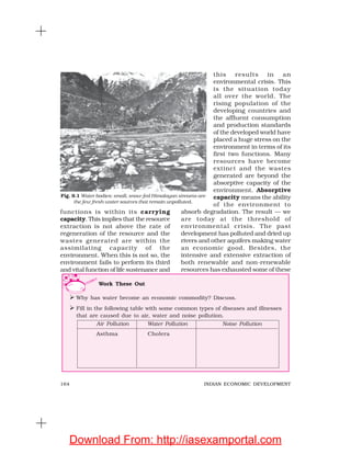 164 INDIAN ECONOMIC DEVELOPMENT
Work These Out
Why has water become an economic commodity? Discuss.
Fill in the following table with some common types of diseases and illnesses
that are caused due to air, water and noise pollution.
functions is within its carrying
capacity. This implies that the resource
extraction is not above the rate of
regeneration of the resource and the
wastes generated are within the
assimilating capacity of the
environment. When this is not so, the
environment fails to perform its third
and vital function of life sustenance and
this results in an
environmental crisis. This
is the situation today
all over the world. The
rising population of the
developing countries and
the affluent consumption
and production standards
of the developed world have
placed a huge stress on the
environment in terms of its
first two functions. Many
resources have become
extinct and the wastes
generated are beyond the
absorptive capacity of the
environment. Absorptive
capacity means the ability
of the environment to
absorb degradation. The result — we
are today at the threshold of
environmental crisis. The past
development has polluted and dried up
rivers and other aquifers making water
an economic good. Besides, the
intensive and extensive extraction of
both renewable and non-renewable
resources has exhausted some of these
Air Pollution Water Pollution Noise Pollution
Asthma Cholera
Fig. 9.1 Water bodies: small, snow-fed Himalayan streams are
the few fresh-water sources that remain unpolluted.
Download From: http://iasexamportal.com
 