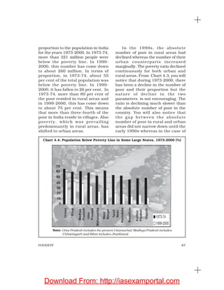 67POVERTY
proportion to the population in India
for the years 1973-2000. In 1973-74,
more than 321 million people were
below the poverty line. In 1999-
2000, this number has come down
to about 260 million. In terms of
proportion, in 1973-74, about 55
per cent of the total population was
below the poverty line. In 1999-
2000, it has fallen to 26 per cent. In
1973-74, more than 80 per cent of
the poor resided in rural areas and
in 1999-2000, this has come down
to about 75 per cent. This means
that more than three-fourth of the
poor in India reside in villages. Also
poverty, which was prevailing
predominantly in rural areas, has
shifted to urban areas.
In the 1990s, the absolute
number of poor in rural areas had
declined whereas the number of their
urban counterparts increased
marginally. The poverty ratio declined
continuously for both urban and
rural areas. From Chart 4.3, you will
notice that during 1973-2000, there
has been a decline in the number of
poor and their proportion but the
nature of decline in the two
parameters is not encouraging. The
ratio is declining much slower than
the absolute number of poor in the
country. You will also notice that
the gap between the absolute
number of poor in rural and urban
areas did not narrow down until the
early 1990s whereas in the case of
Chart 4.4: Population Below Poverty Line in Some Large States, 1973-2000 (%)
Note: Uttar Pradesh includes the present Uttaranchal; Madhya Pradesh includes
Chhattisgarh and Bihar includes Jharkhand
Download From: http://iasexamportal.com
 