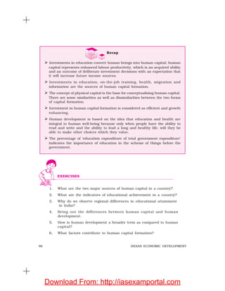 96 INDIAN ECONOMIC DEVELOPMENT
1. What are the two major sources of human capital in a country?
2. What are the indicators of educational achievement in a country?
3. Why do we observe regional differences in educational attainment
in India?
4. Bring out the differences between human capital and human
development.
5. How is human development a broader term as compared to human
capital?
6. What factors contribute to human capital formation?
Recap
Investments in education convert human beings into human capital; human
capital represents enhanced labour productivity, which is an acquired ability
and an outcome of deliberate investment decisions with an expectation that
it will increase future income sources.
Investments in education, on-the-job training, health, migration and
information are the sources of human capital formation.
The concept of physical capital is the base for conceptualising human capital.
There are some similarities as well as dissimilarities between the two forms
of capital formation.
Investment in human capital formation is considered as efficient and growth
enhancing.
Human development is based on the idea that education and health are
integral to human well-being because only when people have the ability to
read and write and the ability to lead a long and healthy life, will they be
able to make other choices which they value.
The percentage of ‘education expenditure of total government expenditure’
indicates the importance of education in the scheme of things before the
government.
EXERCISES
Download From: http://iasexamportal.com
 