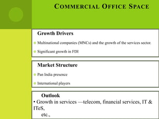C OMMERCIAL O FFICE S PACE


    Growth Drivers
   Multinational companies (MNCs) and the growth of the services sector.

   Significant growth in FDI


    Market Structure
   Pan India presence

   International players


    Outlook
• Growth in services —telecom, financial services, IT &
ITeS,
    etc.,
 