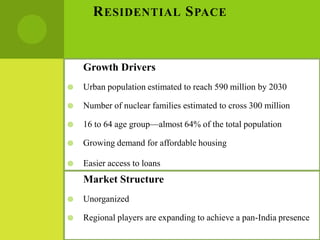 R ESIDENTIAL S PACE


    Growth Drivers
   Urban population estimated to reach 590 million by 2030

   Number of nuclear families estimated to cross 300 million

   16 to 64 age group—almost 64% of the total population

   Growing demand for affordable housing

   Easier access to loans
    Market Structure
   Unorganized

   Regional players are expanding to achieve a pan-India presence
 