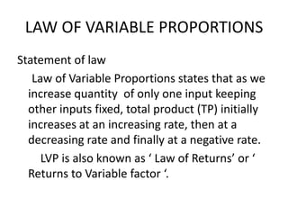 LAW OF VARIABLE PROPORTIONS
Statement of law
Law of Variable Proportions states that as we
increase quantity of only one input keeping
other inputs fixed, total product (TP) initially
increases at an increasing rate, then at a
decreasing rate and finally at a negative rate.
LVP is also known as ‘ Law of Returns’ or ‘
Returns to Variable factor ‘.

 