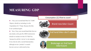 MEASURING GDP 
 I buy your second-hand bike for 15,000 
Rupees, should we including it in the 
Expenditure (C) ? Nope. Be...