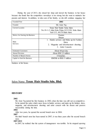 Page | 5
During the year of 2013, she closed her shop and moved the business to her house
because she found that the competition nowadays is too strong but she want to maintain her
passion and interest. In addition, to take care of her family, so she still continue engaging her
business at her house.
Salon Name: Tenze Hair Studio Sdn. Bhd.
HISTORY
2002
Mr. Avier Ng started his first business in 2002, when the time was still not so competitive.
So he started the salon which more focus in hairdo services and make up for fashion show,
magazine and advertisement shooting and artist concert with his dream and passion
successfully during the time.
2004
After two years, he opened the second branch store in 2004.
2007
His third branch store has been started in 2007, it was three years after his second branch
store.
2007-2012
In 2007, he realized that the system of management was terrible. So he stopped opening
Founded Year 2002
Founder Mr. Avier Ng
Current Location Tenze Hair Studio Setia Alam
No.18-1-2, Jalan Setia Prima Q U13/Q, Setia Alam
Sek U13, 40170 Shah Alam.
Motive for Starting the Business Passion
Dream
Main
Services
1. Hairdo services and Make up for Fashion
Show
2. Magazine and Advertisement shooting
3. Artist Concerts
Estimated Customers About 60 per day
Annual Revenue About RM 2.5 million
Number of Branch Stores 6 branches.
Capital to Start his Business RM50k to RM1.5 million
 