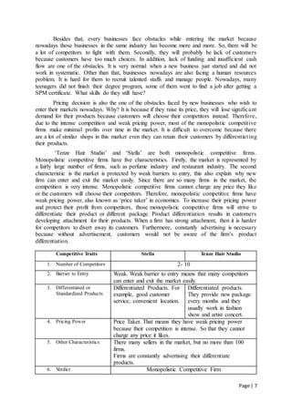 Page | 7
Besides that, every businesses face obstacles while entering the market because
nowadays those businesses in the same industry has become more and more. So, there will be
a lot of competitors to fight with them. Secondly, they will probably be lack of customers
because customers have too much choices. In addition, lack of funding and insufficient cash
flow are one of the obstacles. It is very normal when a new business just started and did not
work in systematic. Other than that, businesses nowadays are also facing a human resources
problem. It is hard for them to recruit talented staffs and manage people. Nowadays, many
teenagers did not finish their degree program, some of them went to find a job after getting a
SPM certificate. What skills do they still have?
Pricing decision is also the one of the obstacles faced by new businesses who wish to
enter their markets nowadays. Why? It is because if they raise its price, they will lose significant
demand for their products because customers will choose their competitors instead. Therefore,
due to the intense competition and weak pricing power, most of the monopolistic competitive
firms make minimal profits over time in the market. It is difficult to overcome because there
are a lot of similar shops in this market even they can retain their customers by differentiating
their products.
‘Tenze Hair Studio’ and ‘Stella’ are both monopolistic competitive firms.
Monopolistic competitive firms have five characteristics. Firstly, the market is represented by
a fairly large number of firms, such as perfume industry and restaurant industry. The second
characteristic is the market is protected by weak barriers to entry, this also explain why new
firm can enter and exit the market easily. Since there are so many firms in the market, the
competition is very intense. Monopolistic competitive firms cannot charge any price they like
or the customers will choose their competitors. Therefore, monopolistic competitive firms have
weak pricing power, also known as ‘price taker’ in economics. To increase their pricing power
and protect their profit from competitors, those monopolistic competitive firms will strive to
differentiate their product or different package. Product differentiation results in customers
developing attachment for their products. When a firm has strong attachment, then it is harder
for competitors to divert away its customers. Furthermore, constantly advertising is necessary
because without advertisement, customers would not be aware of the firm’s product
differentiation.
Competitive Traits Stella Tenze Hair Studio
1. Number of Competitors 2- 10
2. Barrier to Entry Weak. Weak barrier to entry means that many competitors
can enter and exit the market easily.
3. Differentiated or
Standardized Products
Differentiated Products. For
example, good customer
service, convenient location.
Differentiated products.
They provide new package
every months and they
usually work in fashion
show and artist concert.
4. Pricing Power Price Taker. That means they have weak pricing power
because their competition is intense. So that they cannot
charge any price it likes.
5. Other Characteristics There many sellers in the market, but no more than 100
firms.
Firms are constantly advertising their differentiate
products.
6. Verdict Monopolistic Competitive Firm
 