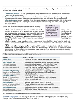 P a g e | 33
Inflation is a general and persistent/sustained increase in the level of prices of goods/services in an
economy over a period of time.
• Demand-pull Inflation – caused by total demand rising faster than the total output of goods and services,
causing market prices to rise.
• Cost-push Inflation – caused by an increase in the cost of production, for example, from higher wages or
higher prices of raw material. Firms will try to pass these costs onto consumers through higher prices.
• Imported Inflation – results from rising prices of goods and services imported overseas. This can be due to
an increase in the costs of overseas producers and/or a fall in the exchange rate of the currency of the
importing country.
Inflation has personal and economic consequences including:
• Inflation reduces the purchasing power or ‘real value’ of money – This
makes it especially difficult for people on low and fixed incomes such as many old
age pensioners, the unemployed or the disabled. It also means the real value of
loans and savings will decrease, leading to an increase in interest rates.
• Inflation may help boost tax revenues – as prices rise, so does the tax taken
from VAT and sales taxes, which are levied as a percentage of the selling prices
of products.
• Inflation increases government spending – because a government will have to pay more for goods and
services, if wages rise for public sector employees and also if state pension and welfare payments are index-
linked.
• Inflation can reduce company profits – especially if it is caused by rising costs or a reduction in demand.
• Inflation may cause unemployment – As prices rise, people may not be able to buy so much and demand
will decrease. As demand falls, firms sell less and make less profit. They will cut production and the size of
their labour to reduce their costs.
 Describe the changing patterns and levels of employment.
Indicator Recent Trends
Labour force • Risen over time as the world population has grown.
Participation Rate
The labour force as a
proportion of the total
population of working age
• Risen in many countries especially among females as it
is now socially acceptable. Poverty has forced many
women to work. The rising cost of living in many
developed countries has persuaded many mothers to
return to work after raising their children.
Employment by Industry
Number of people employed
in different industrial sectors
• Employment in services has been growing while
employment in agriculture and other primary sector
industries has fallen.
Employment Status
Number of full-timers, part-
timers or with temporary
employment contracts
• Most employees work full-time.
• Part-time employees have grown rapidly, especially
among female employees.
Unemployment
Number of people registered
as being without work
• Tends to rise during economic recessions.
• Almost half the unemployed are young unskilled
workers.
Unemployment Rate
Unemployment as a
proportion of the labour force
• Relatively stable in the recent years but did increase in
2008 during a global financial crisis.
 Discuss the causes and consequences of unemployment.
Cyclical Unemployment occurs during an economic recession due to falling consumer demand and falling
incomes. Firms will reduce their output and lay off workers.
Hyperinflation -
extremely high rates
of inflation resulting
in money failing to
be a good store of
value or becoming
virtually worthless.
 