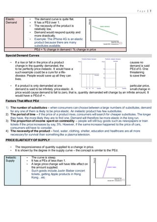 P a g e | 7
Elastic
Demand
• The demand curve is quite flat.
• It has a PEd over 1.
• The necessity of the product is
relatively low.
• Demand would respond quickly and
more drastically.
• Example: The iPhone 4G is an elastic
product because there are many
substitutes available.
PEd = % change in demand / % change in price
Special Demand Curves
• If a rise or fall in the price of a product causes no
change in the quantity demanded, the demand is said
to be perfectly price inelastic. It would have a PEd of 0. One
such example could be a cure for a life- threatening
disease. People would save up all they can to save their
lives.
• If a product is only demanded at one particular price,
demand is said to be infinitely price elastic. A small change in
price would cause demand to fall to zero, that is, quantity demanded will change by an infinite amount. It
would have a PEd of ∞.
Factors That Affect PEd
1) The number of substitutes – when consumers can choose between a large numbers of substitutes, demand
for any one of them is likely to be price elastic. An inelastic product has few substitutes.
2) The period of time – if the price of a product rises, consumers will search for cheaper substitutes. The longer
they have, the more likely they are to find one. Demand will therefore be more elastic in the long run.
3) The proportion of income spent on commodity – people will still buy goods such as newspapers or train
tickets if the price increases by say, 5%. However, if the same increase happened to the price of cars,
consumers will have to consider.
4) The necessityof the product – food, water, clothing, shelter, education and healthcare are all more
necessary for survival than something like a plasma television.
PRICE ELASTICITY OF SUPPLY
• The responsiveness of quantity supplied to a change in price.
• It is shown by the degree in the supply curve – the concept is similar to the PEd.
Inelastic
Supply
• The curve is steep.
• It has a PEs of less than 1.
• A large price change will have little effect on
the amount supplied.
• Such goods include Justin Bieber concert
tickets, getting Apple products in Hong
Kong…etc
 
