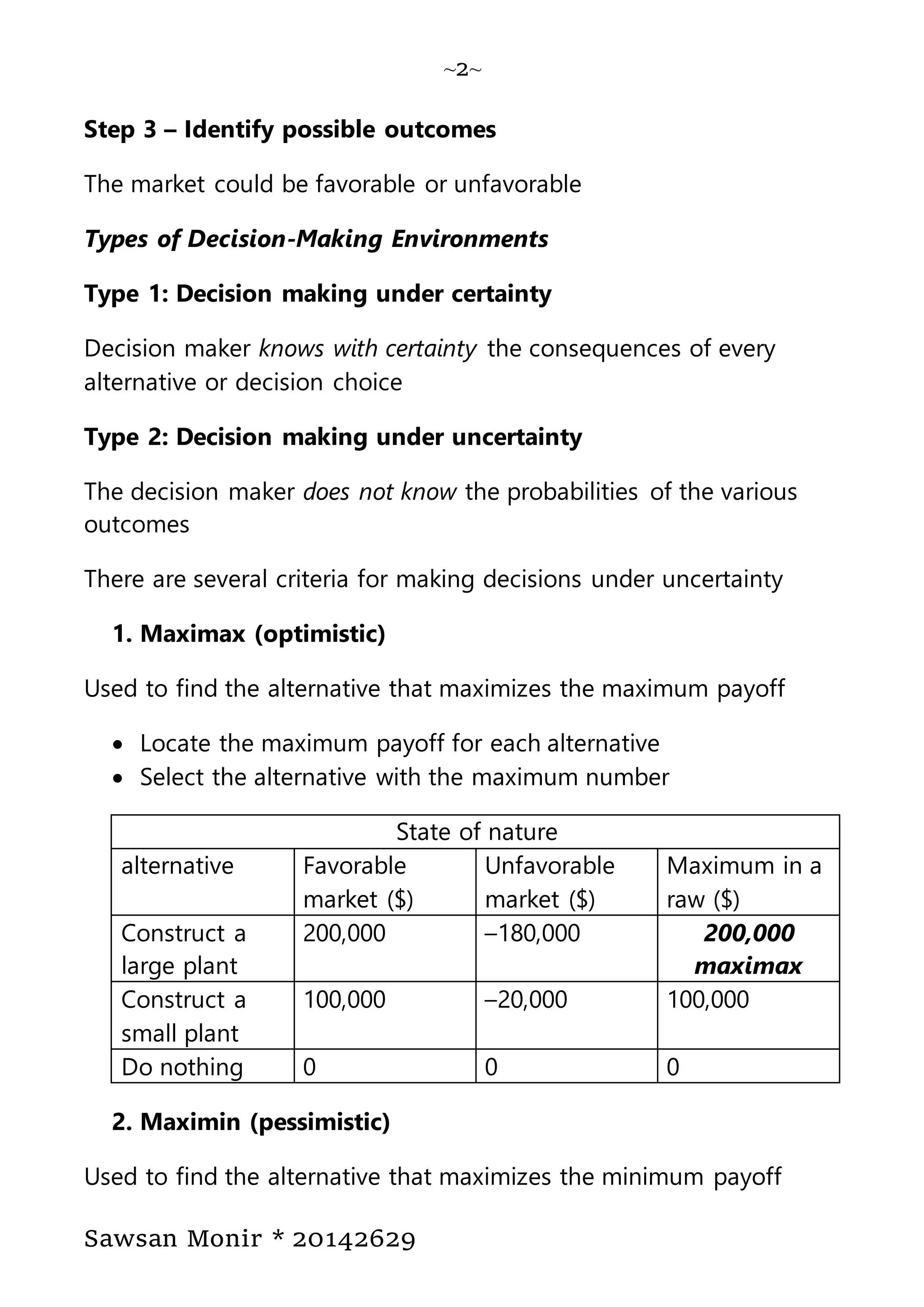 ~2~
Sawsan Monir * 20142629
Step 3 – Identify possible outcomes
The market could be favorable or unfavorable
Types of Decision-Making Environments
Type 1: Decision making under certainty
Decision maker knows with certainty the consequences of every
alternative or decision choice
Type 2: Decision making under uncertainty
The decision maker does not know the probabilities of the various
outcomes
There are several criteria for making decisions under uncertainty
1. Maximax (optimistic)
Used to find the alternative that maximizes the maximum payoff
 Locate the maximum payoff for each alternative
 Select the alternative with the maximum number
State of nature
alternative Favorable
market ($)
Unfavorable
market ($)
Maximum in a
raw ($)
Construct a
large plant
200,000 –180,000 200,000
maximax
Construct a
small plant
100,000 –20,000 100,000
Do nothing 0 0 0
2. Maximin (pessimistic)
Used to find the alternative that maximizes the minimum payoff
 