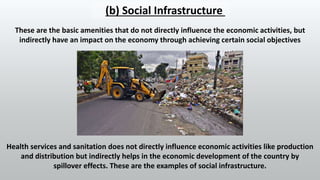These are the basic amenities that do not directly influence the economic activities, but
indirectly have an impact on the economy through achieving certain social objectives
Health services and sanitation does not directly influence economic activities like production
and distribution but indirectly helps in the economic development of the country by
spillover effects. These are the examples of social infrastructure.
(b) Social Infrastructure
 