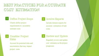1
Clearly define project
requirements to accurately
estimate costs.
2
Include domain experts for
accurate estimation of task
costs.
3
Account for potential risks and
uncertainties that may impact
project costs.
4
Regularly review and update
cost estimates as the project
progresses.
 
