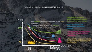 WHAT HAPPENS WHEN PRICES FALL?
PRICE
QUANTITY
The quantity demanded increases as the price
gets lower!
However, there's different demand
curve for every good and services
Likely inelastic, suggesting minimal
change in quantity demanded with
price changes.
High elasticity, indicating
significant changes in quantity
demanded with price changes.
Moderate elasticity, with
noticeable but less drastic
changes.
Lower elasticity, showing smaller
changes in demand with price
fluctuations.
 