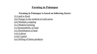 Farming in Palampur
Farming in Palampur is based on following factor:
(i) Land is fixed
(ii) Change in the method of cultivation
(iii) Multiple cropping
(iv) Modern Farming
(v) Sustainability of land
(vi) Distribution of land
(vii) Labour
(viii) Capital
(ix) Selling of farms products
 