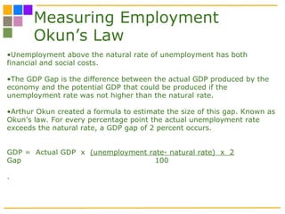 Measuring Employment Okun’s Law Unemployment above the natural rate of unemployment has both financial and social costs.  The GDP Gap is the difference between the actual GDP produced by the economy and the potential GDP that could be produced if the unemployment rate was not higher than the natural rate.  Arthur Okun created a formula to estimate the size of this gap. Known as Okun’s law. For every percentage point the actual unemployment rate exceeds the natural rate, a GDP gap of 2 percent occurs. GDP =  Actual GDP  x  (unemployment rate- natural rate)  x  2 Gap   100 .  