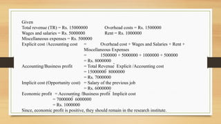 Given
Total revenue (TR) = Rs. 15000000 Overhead costs = Rs. 1500000
Wages and salaries = Rs. 5000000 Rent = Rs. 1000000
Miscellaneous expenses = Rs. 500000
Explicit cost /Accounting cost = Overhead cost + Wages and Salaries + Rent +
Miscellaneous Expenses
= 1500000 + 5000000 + 1000000 + 500000
= Rs. 8000000
Accounting/Business profit = Total Revenue  Explicit /Accounting cost
= 15000000  8000000
= Rs. 7000000
Implicit cost (Opportunity cost) = Salary of the previous job
= Rs. 6000000
Economic profit = Accounting /Business profit  Implicit cost
= 7000000  6000000
= Rs. 1000000
Since, economic profit is positive, they should remain in the research institute.
 