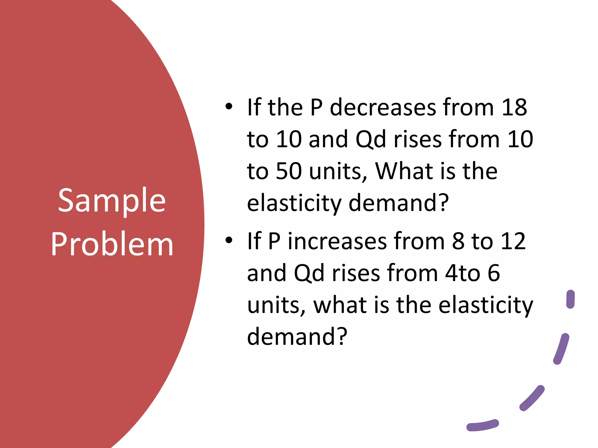 Sample
Problem
• If the P decreases from 18
to 10 and Qd rises from 10
to 50 units, What is the
elasticity demand?
• If P increases from 8 to 12
and Qd rises from 4to 6
units, what is the elasticity
demand?
 