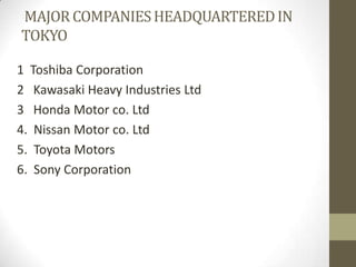 MAJOR COMPANIES HEADQUARTERED IN
TOKYO

1 Toshiba Corporation
2 Kawasaki Heavy Industries Ltd
3 Honda Motor co. Ltd
4. Nissan Motor co. Ltd
5. Toyota Motors
6. Sony Corporation
 