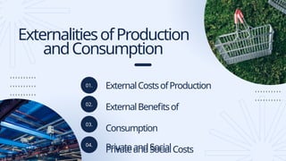 01.
04.
02.
03.
ExternalitiesofProduction
andConsumption
ExternalCostsofProduction
ExternalBenefitsof
Consumption
PrivateandSocialCosts
PrivateandSocial
 